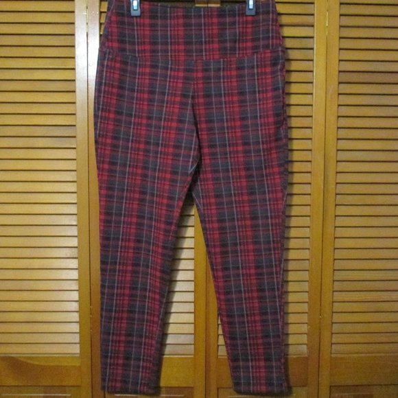 Casablanca pull on red & black plaid stretchy leggings like new size L - Picture 1 of 7